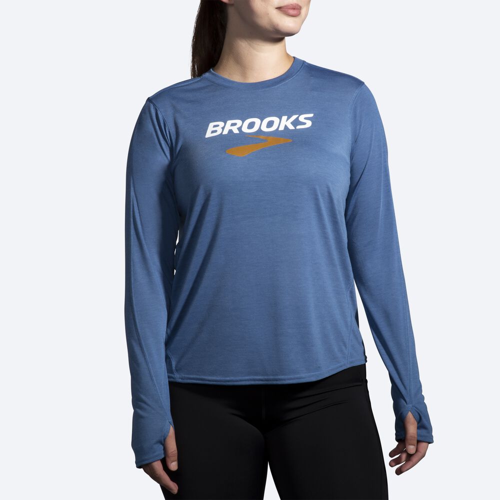 Camiseta Brooks Distance Estampadas Long Sleeve Mujer Azules Gris | CR49728