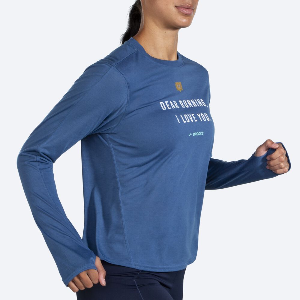 Camiseta Brooks Distance Estampadas Long Sleeve Mujer Azules Gris | CR64052