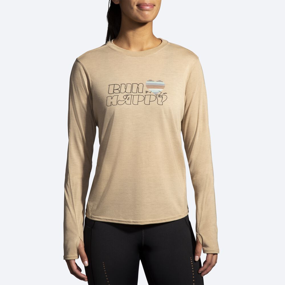 Camiseta Brooks Distance Estampadas Long Sleeve Mujer Beige | CR71298