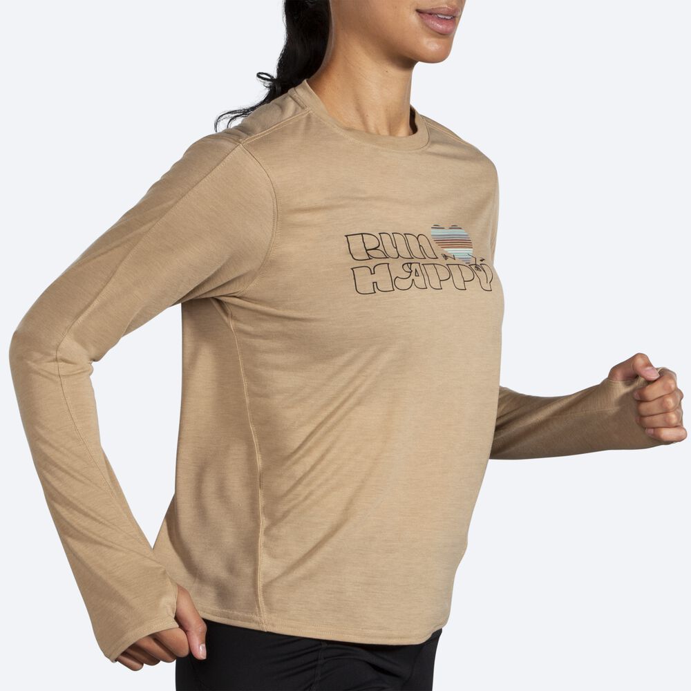 Camiseta Brooks Distance Estampadas Long Sleeve Mujer Beige | CR71298