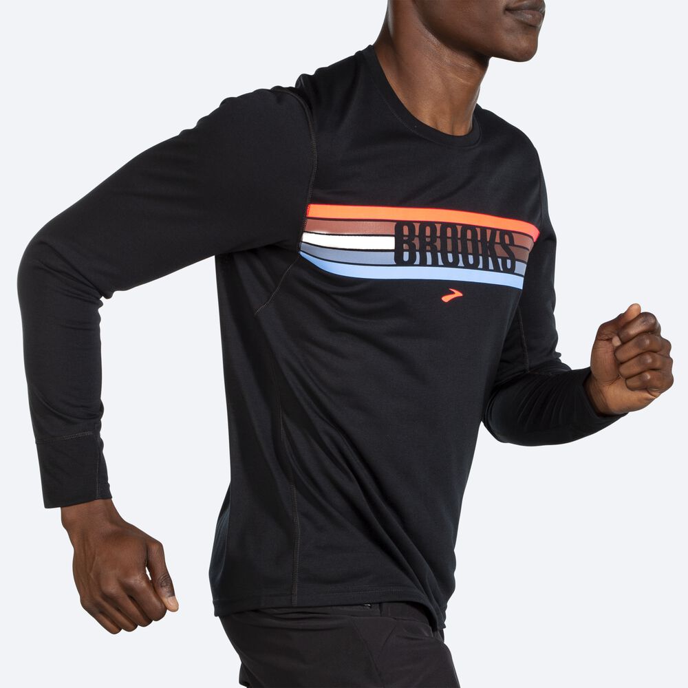 Camiseta Brooks Distance Estampadas Long Sleeve Hombre Negras/Rayadas | CR87609