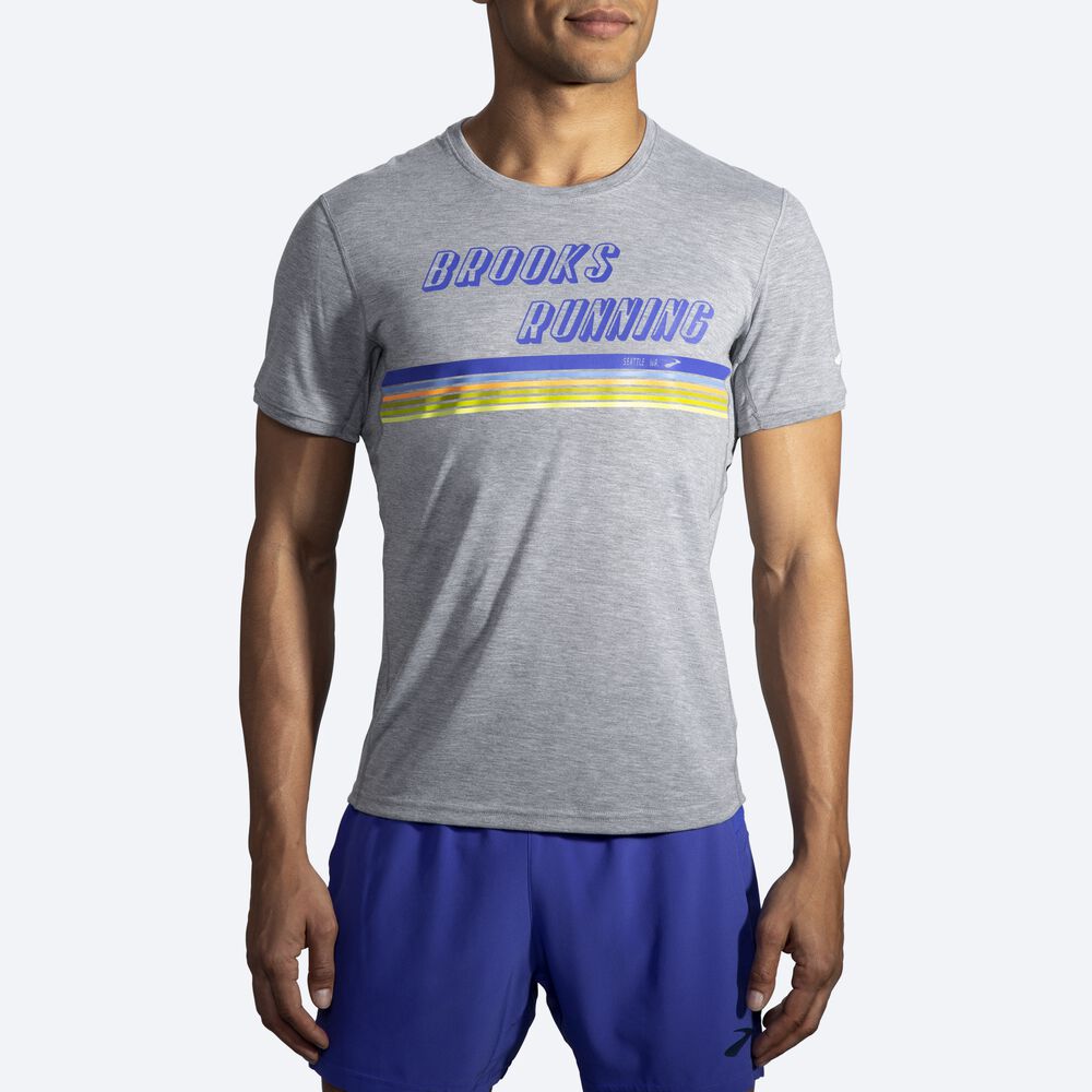 Camiseta Brooks Distance Estampadas Short Sleeve Hombre Gris/Rayadas | CR13780