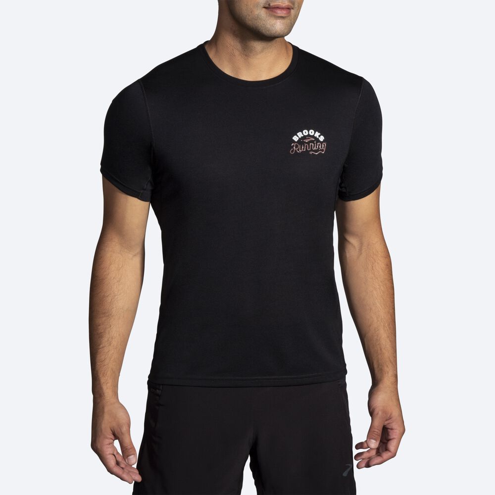 Camiseta Brooks Distance Estampadas Short Sleeve Hombre Negras | CR26390