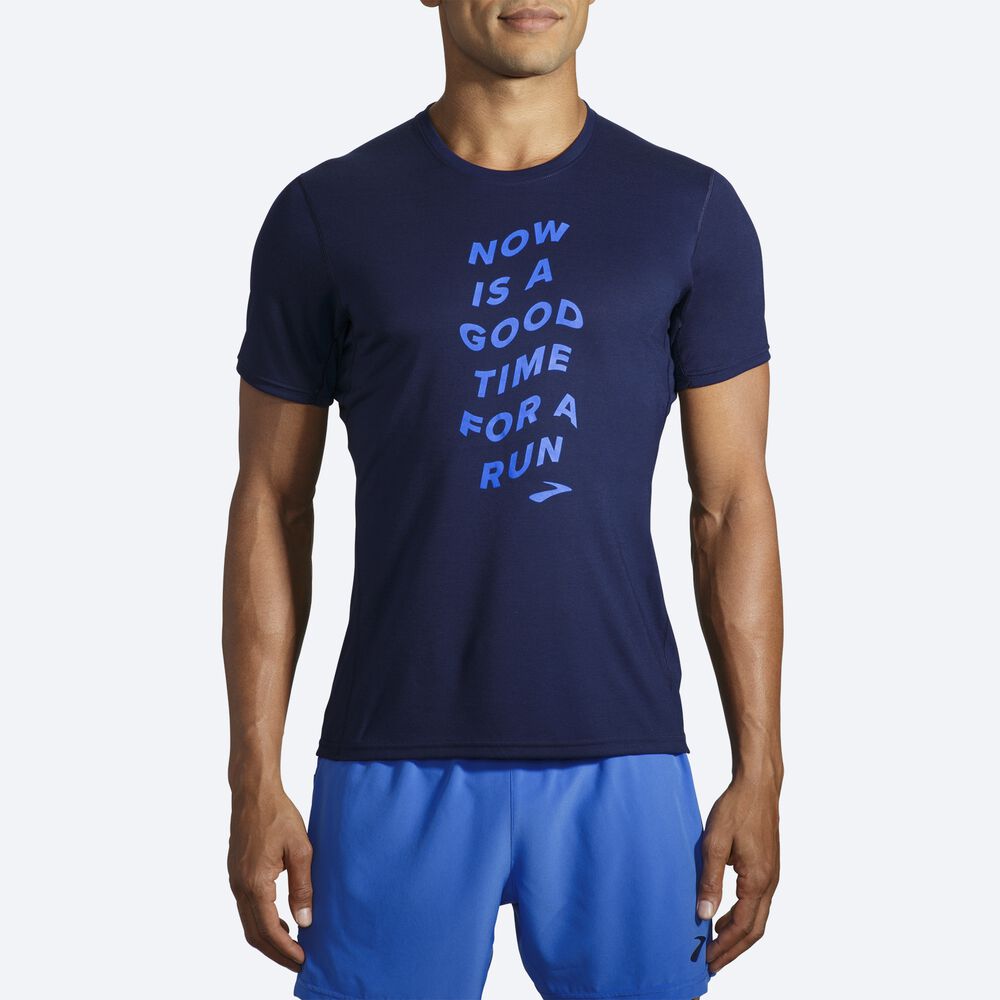 Camiseta Brooks Distance Estampadas Short Sleeve Hombre Azul Marino/Azules | CR26891