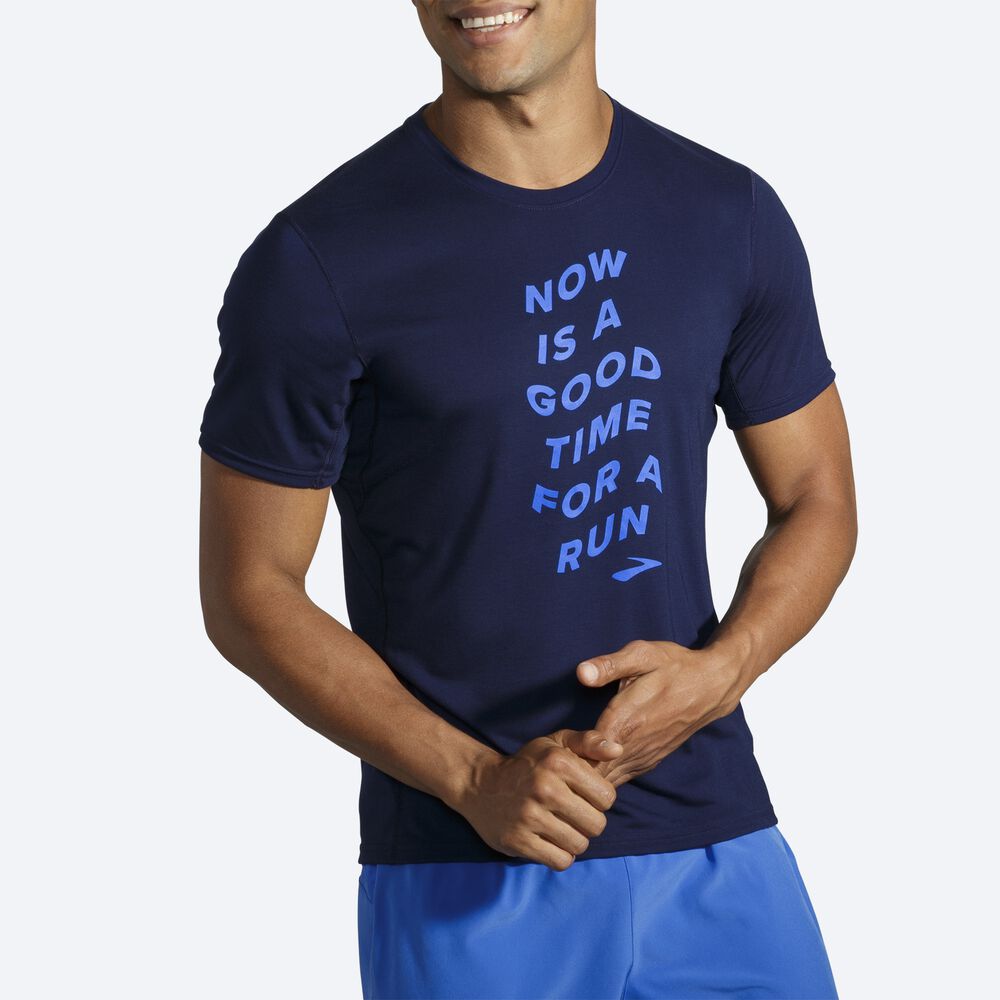 Camiseta Brooks Distance Estampadas Short Sleeve Hombre Azul Marino/Azules | CR26891