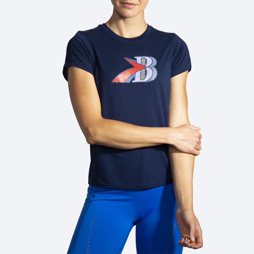 Camiseta Brooks Distance Estampadas Short Sleeve Mujer Azul Marino | CR47306