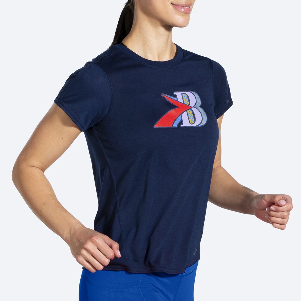 Camiseta Brooks Distance Estampadas Short Sleeve Mujer Azul Marino | CR47306