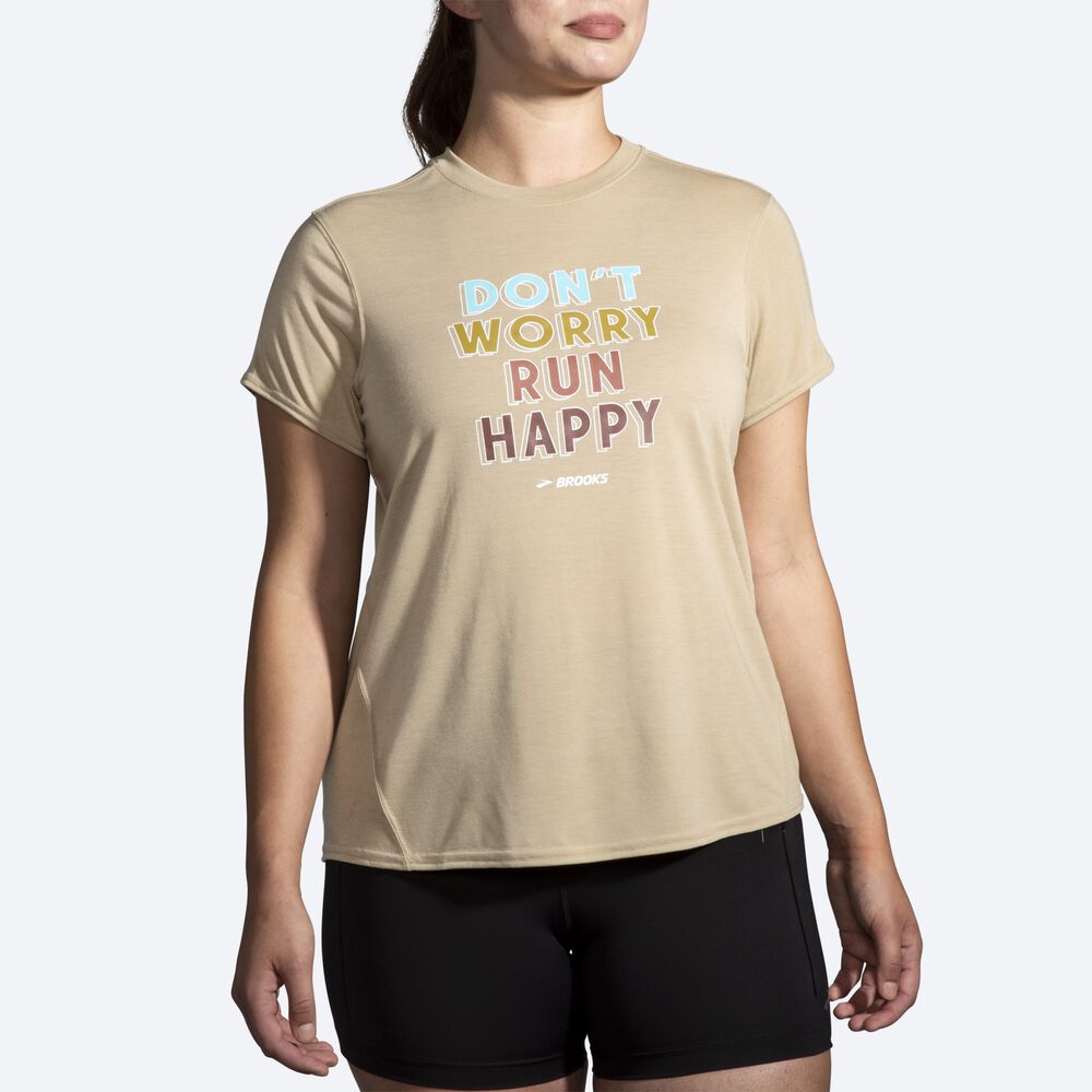 Camiseta Brooks Distance Estampadas Short Sleeve Mujer Beige | CR48167