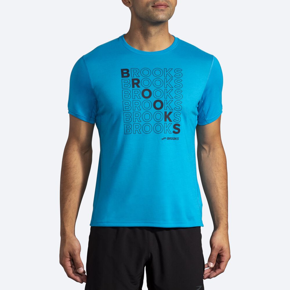 Camiseta Brooks Distance Estampadas Short Sleeve Hombre Azules | CR70184