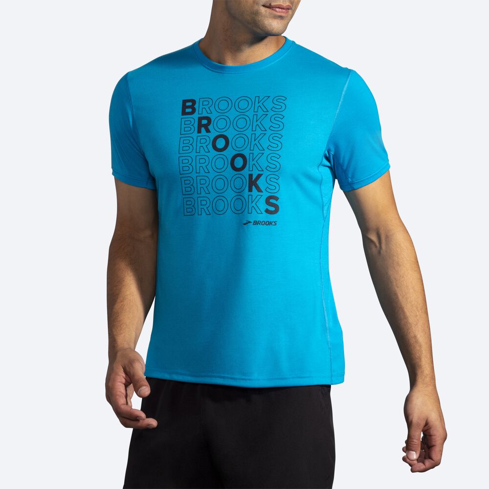 Camiseta Brooks Distance Estampadas Short Sleeve Hombre Azules | CR70184