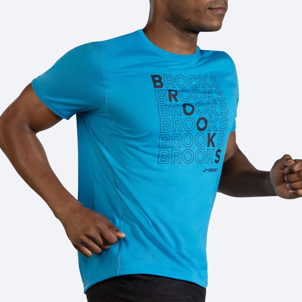 Camiseta Brooks Distance Estampadas Short Sleeve Hombre Azules | CR70184