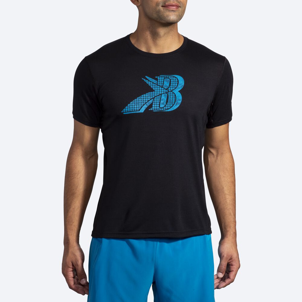 Camiseta Brooks Distance Estampadas Short Sleeve Hombre Negras/Azules | CR72841