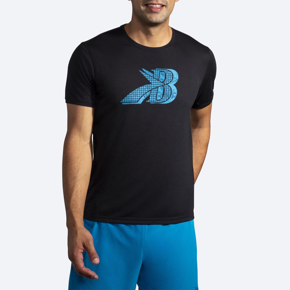 Camiseta Brooks Distance Estampadas Short Sleeve Hombre Negras/Azules | CR72841