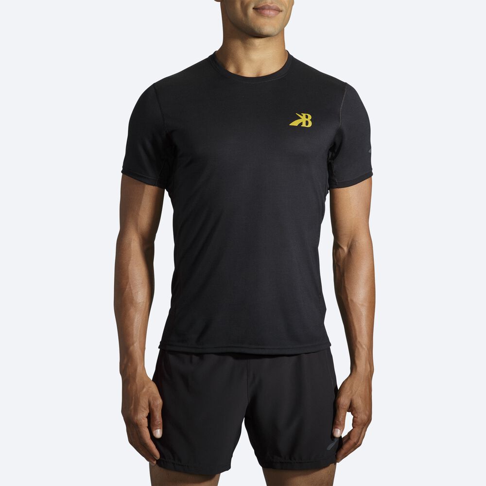 Camiseta Brooks Distance Estampadas Short Sleeve Hombre Negras/Doradas | CR75108