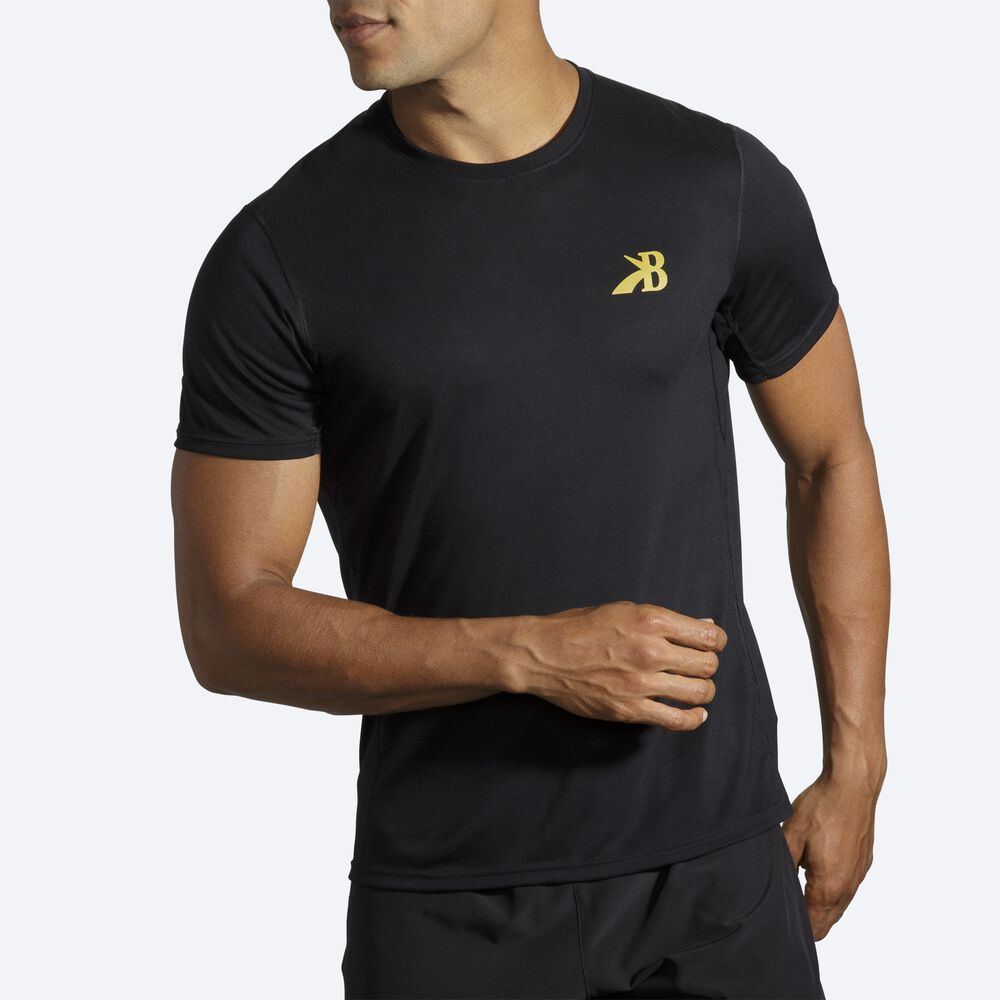 Camiseta Brooks Distance Estampadas Short Sleeve Hombre Negras/Doradas | CR75108