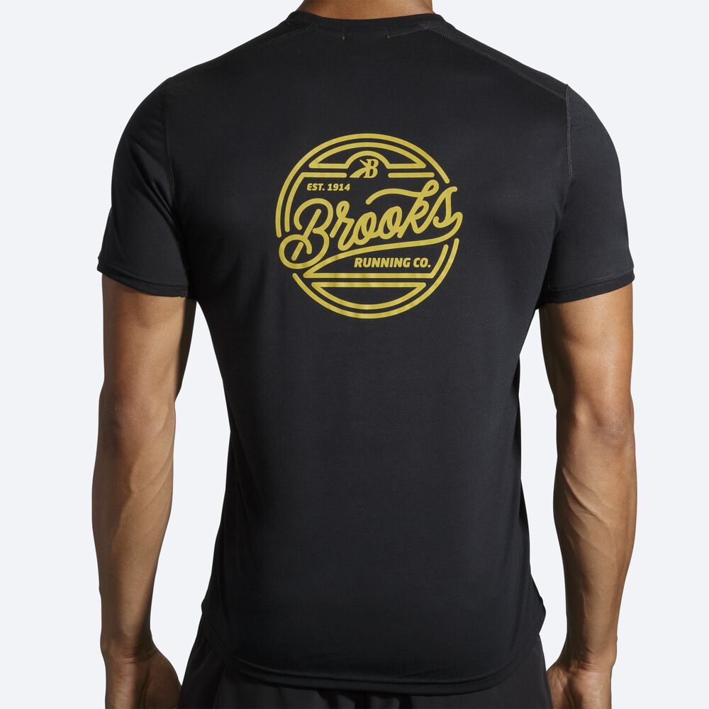 Camiseta Brooks Distance Estampadas Short Sleeve Hombre Negras/Doradas | CR75108