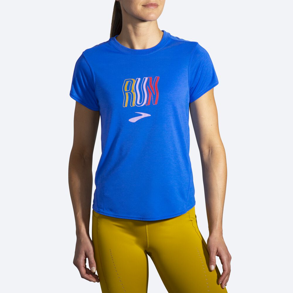 Camiseta Brooks Distance Estampadas Short Sleeve Mujer Azules | CR86459