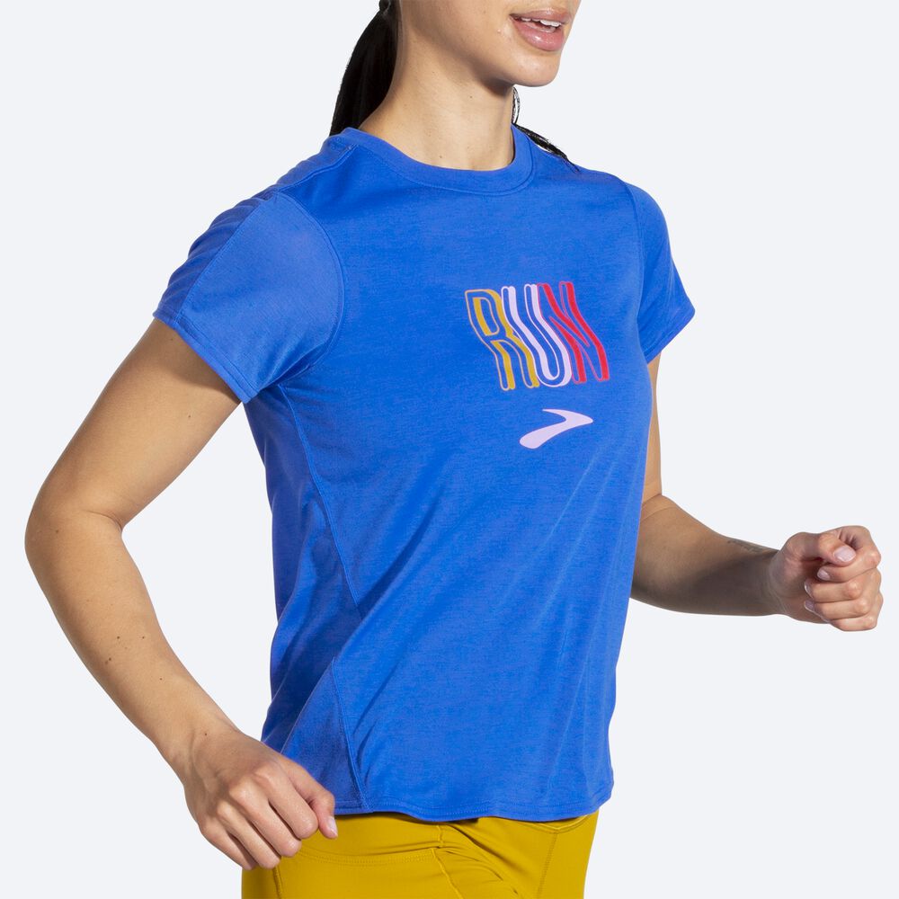 Camiseta Brooks Distance Estampadas Short Sleeve Mujer Azules | CR86459