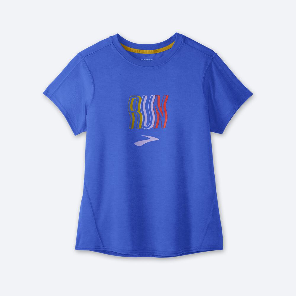 Camiseta Brooks Distance Estampadas Short Sleeve Mujer Azules | CR86459