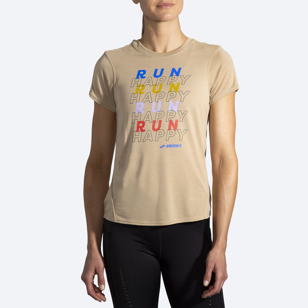 Camiseta Brooks Distance Estampadas Short Sleeve Mujer Beige | CR98075