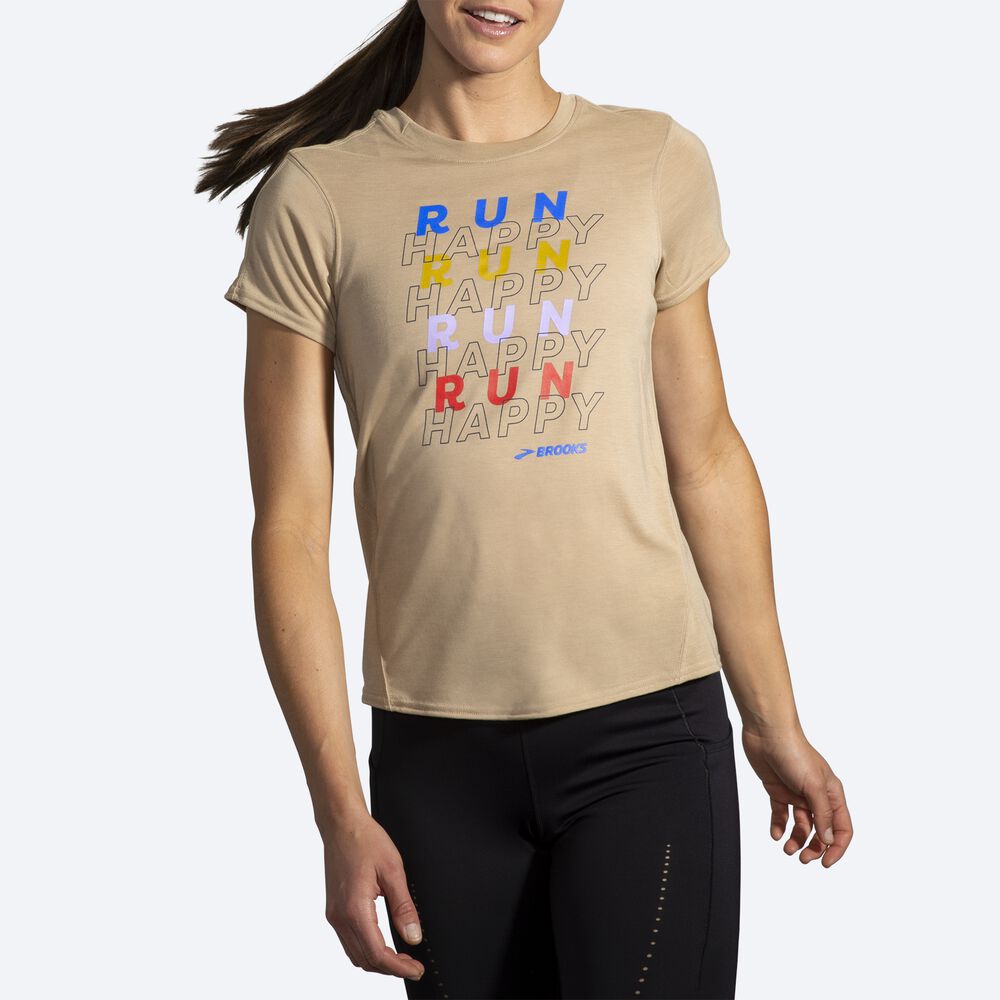 Camiseta Brooks Distance Estampadas Short Sleeve Mujer Beige | CR98075