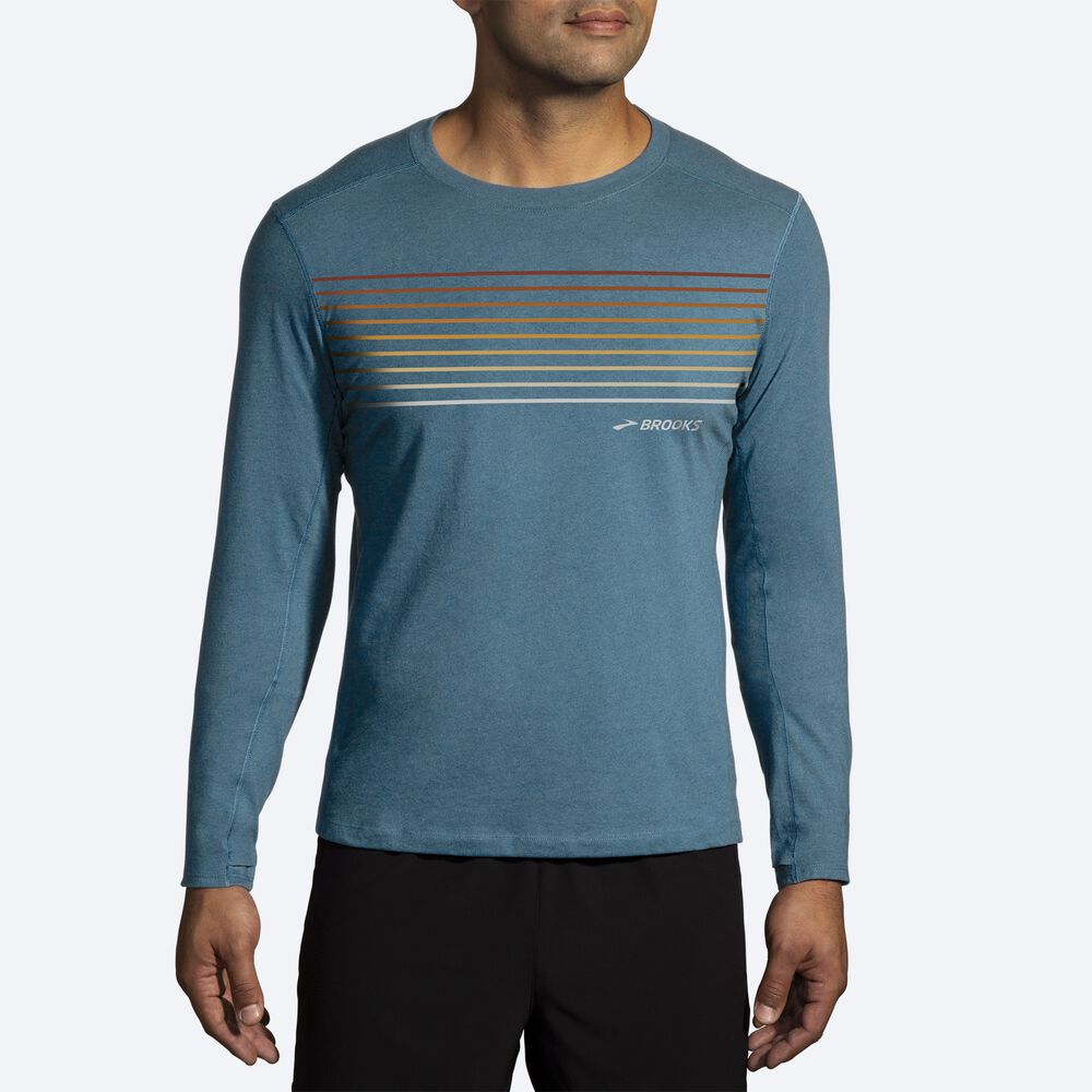 Camiseta Brooks Distance Long Sleeve 2.0 Hombre Azules/Rayadas | CR26458