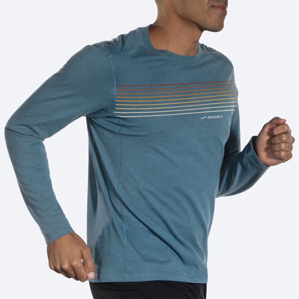 Camiseta Brooks Distance Long Sleeve 2.0 Hombre Azules/Rayadas | CR26458