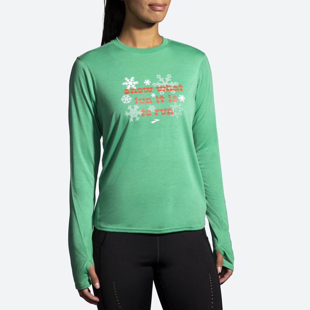 Camiseta Brooks Run Merry Distance Estampadas Long Sleeve Mujer Verde | CR69405