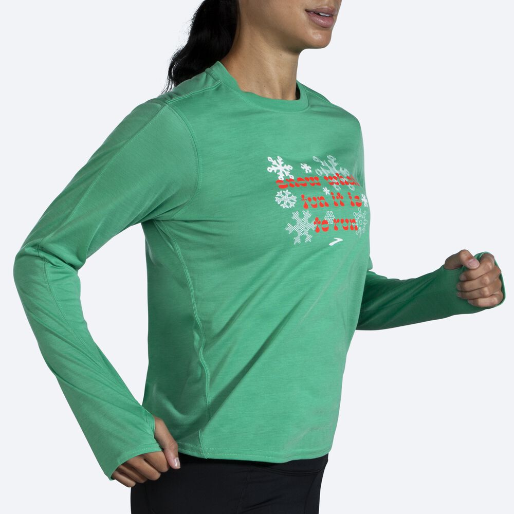 Camiseta Brooks Run Merry Distance Estampadas Long Sleeve Mujer Verde | CR69405